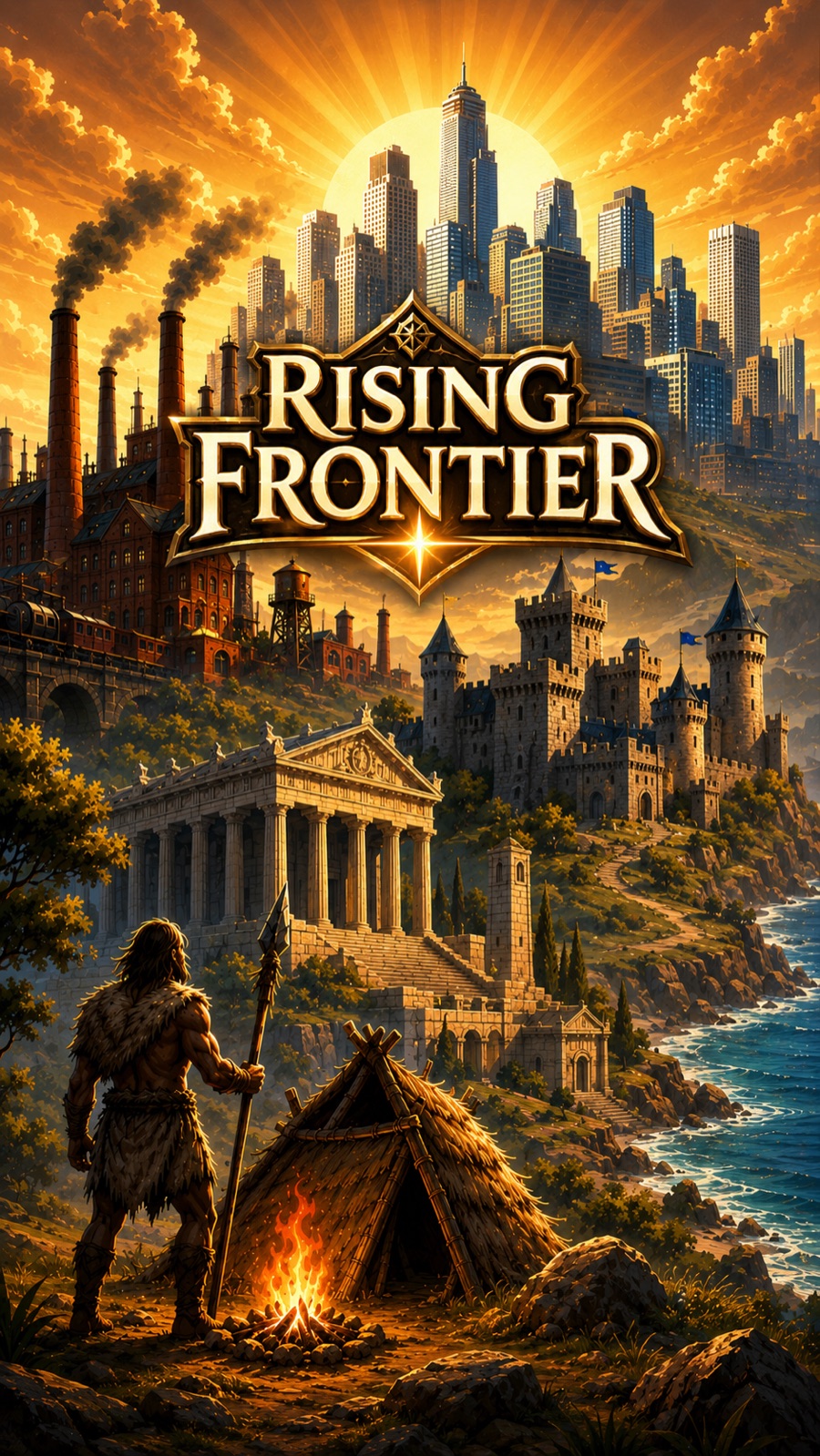 Rising Frontier キービジュアル — 原初の焚き火から、古代・中世、そして未来の大都市へと続く文明
